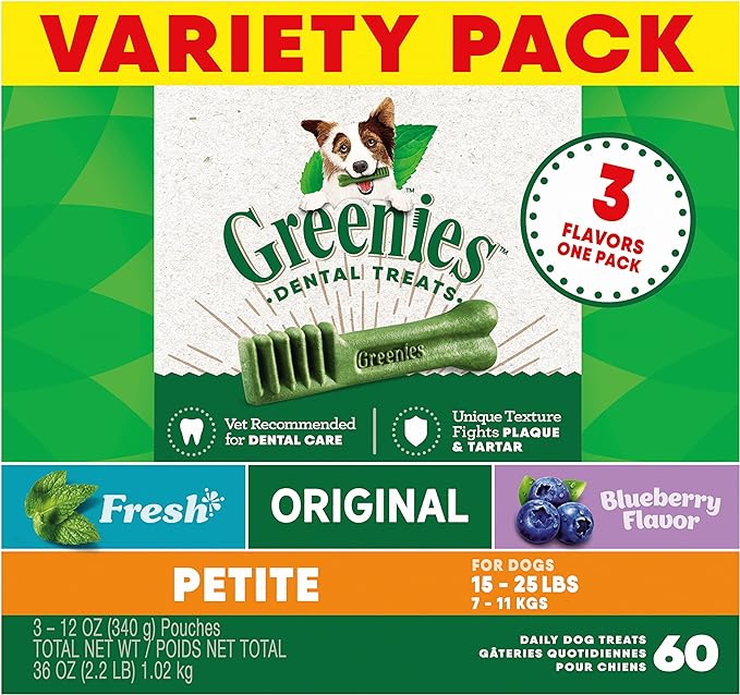 Greenies Petite Natural Dental Care Dog Treats, 36 oz. Variety Pack, 3 Packs of 12 oz. Treats